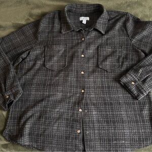 Denim & Co. Black and Gray Plaid Shirt with pearly snaps. Worn and washed.